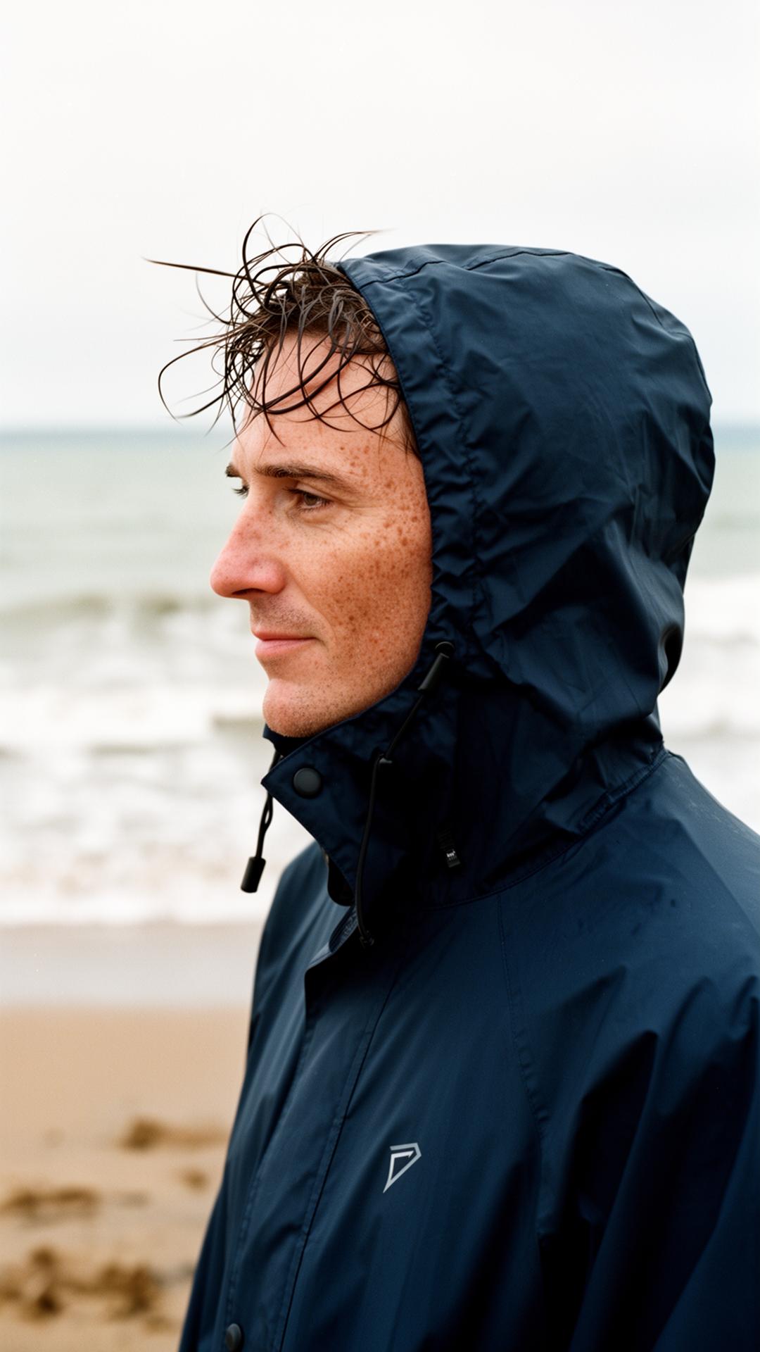 Profile portrait of a swimmer pulling the navy dryrobe hood up against the wind