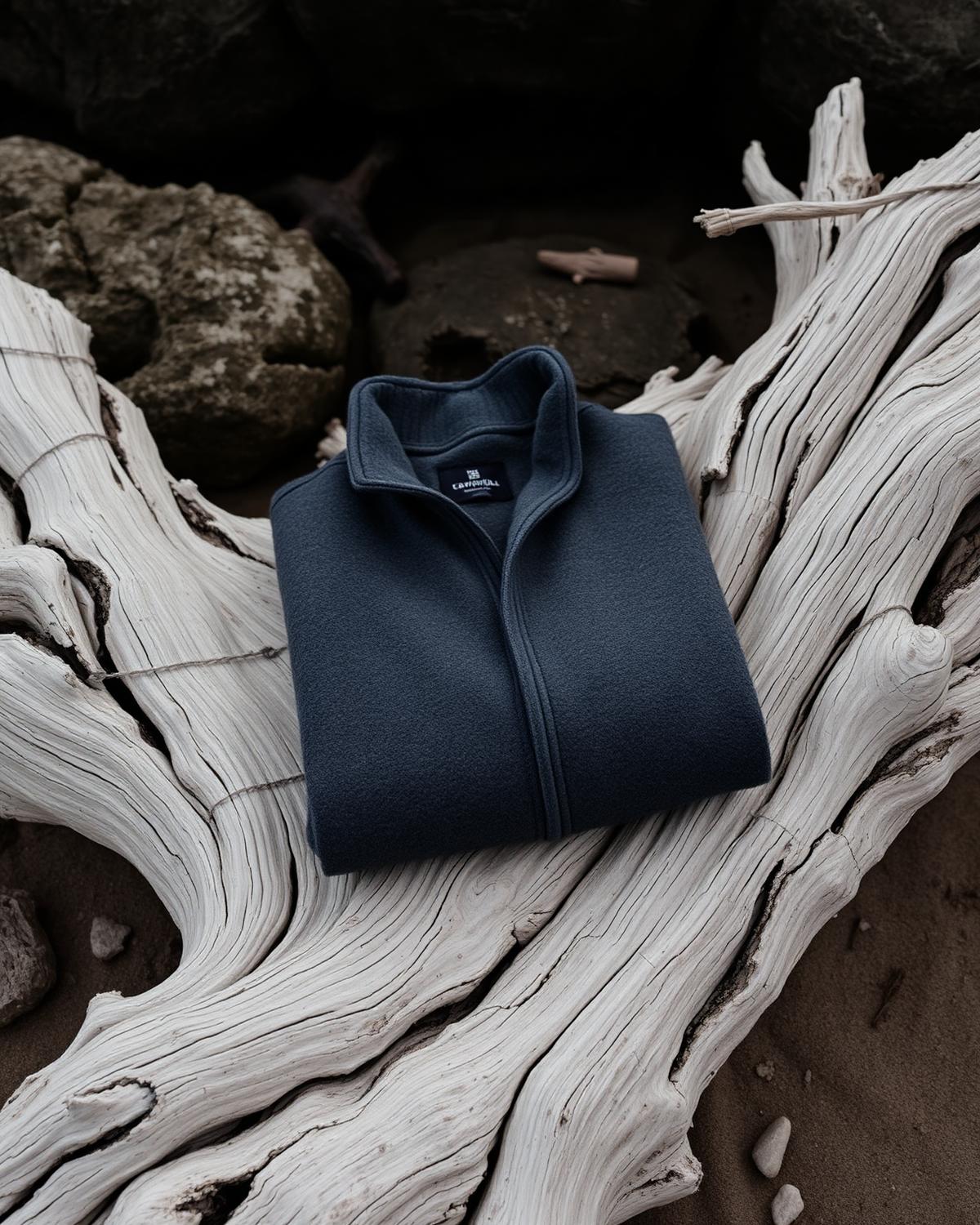 Folded charcoal Esplanade fleece resting on weathered driftwood on a Brighton beach