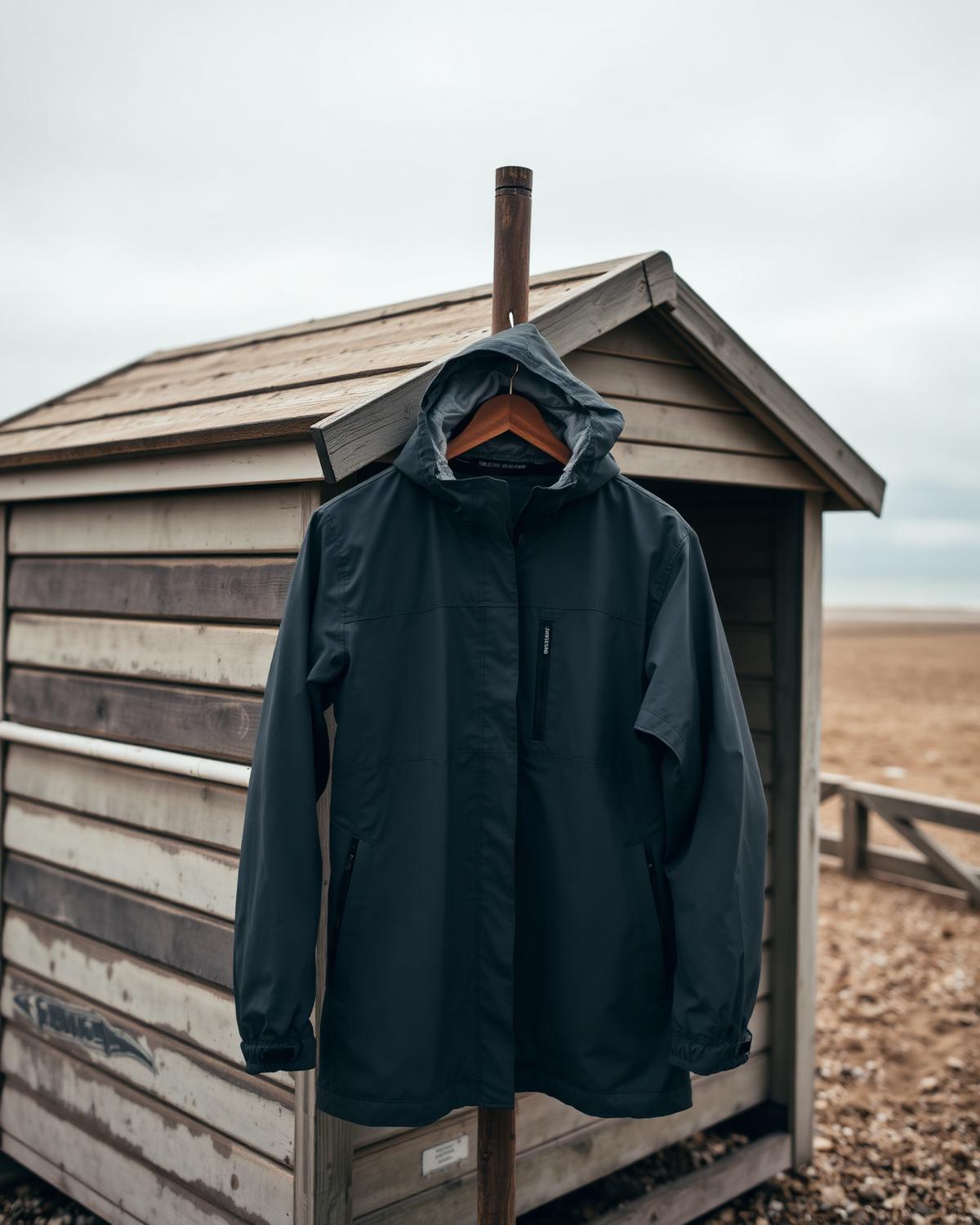 Storm grey Breakwater waterproof shell jacket hanging from a beach hut on a windy day