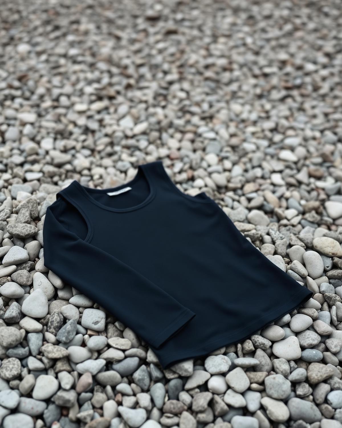 Brightonkelp women's long-sleeve UPF50 rash vest in deep navy, folded on Brighton shingle pebbles