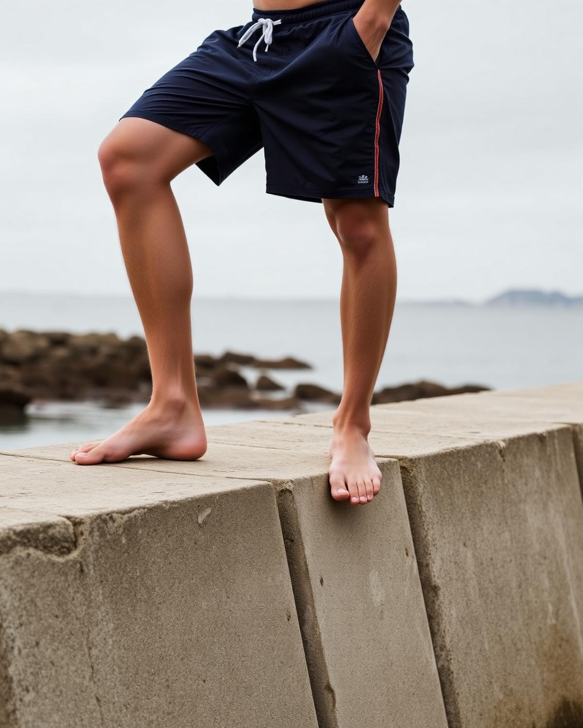 Navy Tideline swim shorts photographed on a concrete groyne with the sea behind