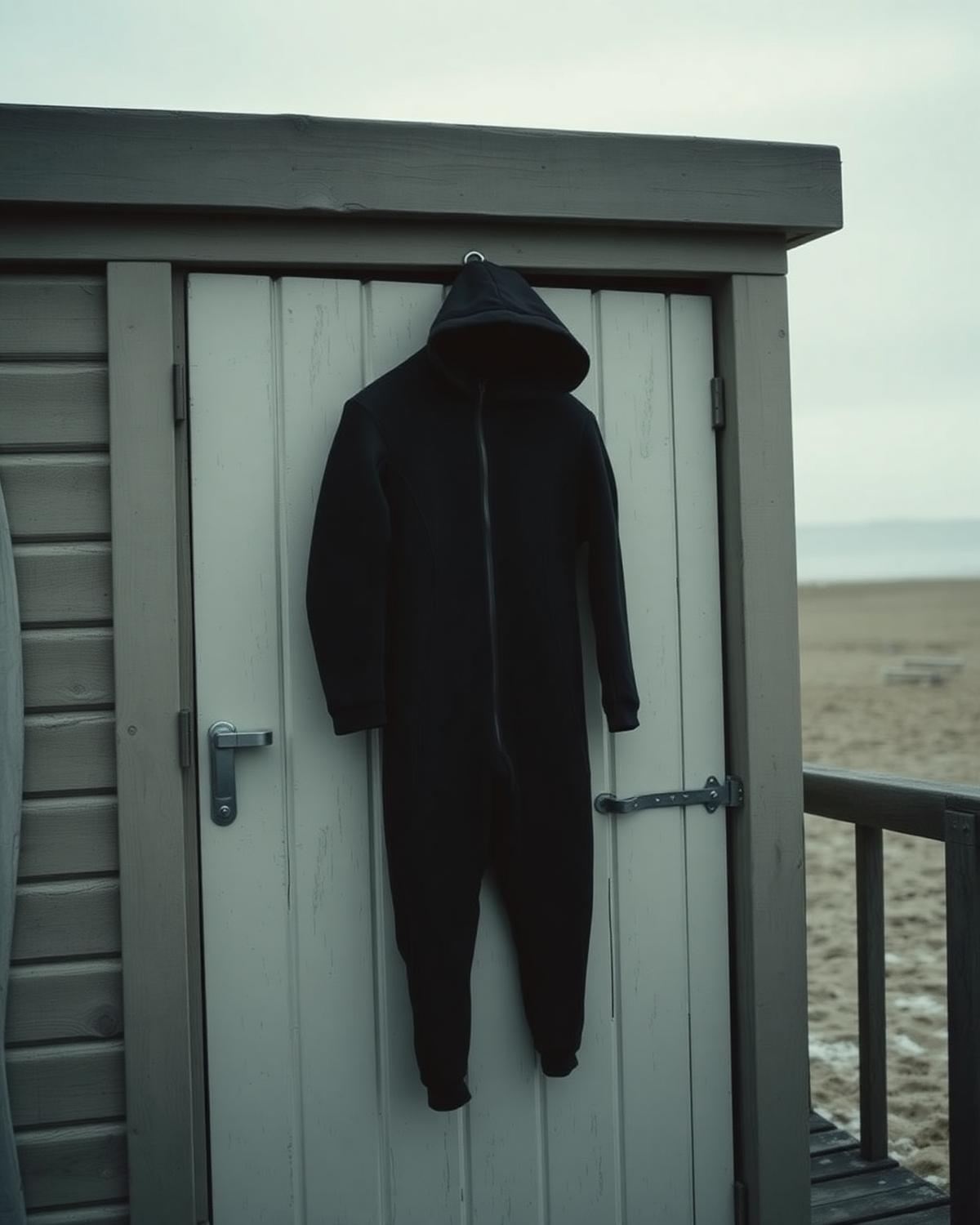 Brightonkelp Storm 5/4mm hooded winter wetsuit in black, hanging from a weathered beach hut against grey winter sky