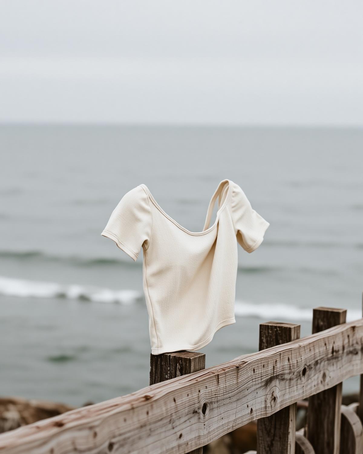 Brightonkelp women's short-sleeve swim top in ecru cream, draped over a weathered wooden groyne with grey sea behind