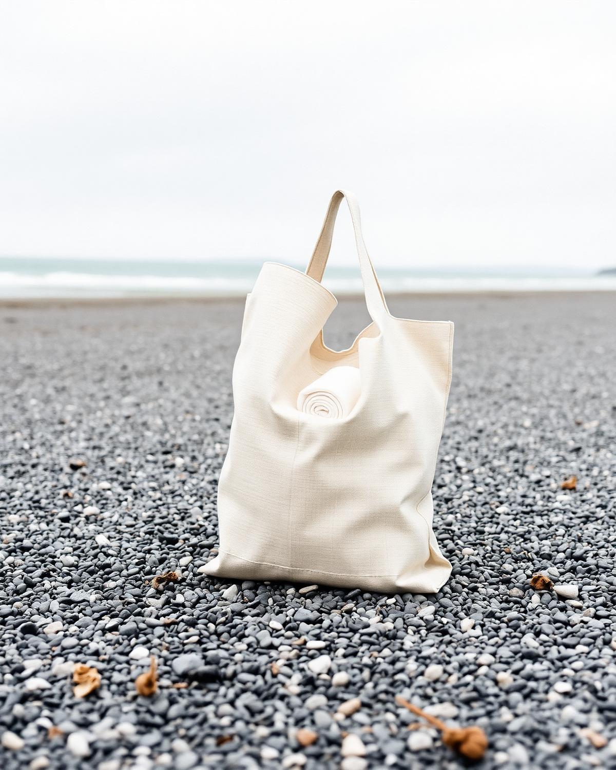 Brightonkelp natural canvas beach tote bag with reinforced base standing on Brighton pebble beach with rolled towel inside